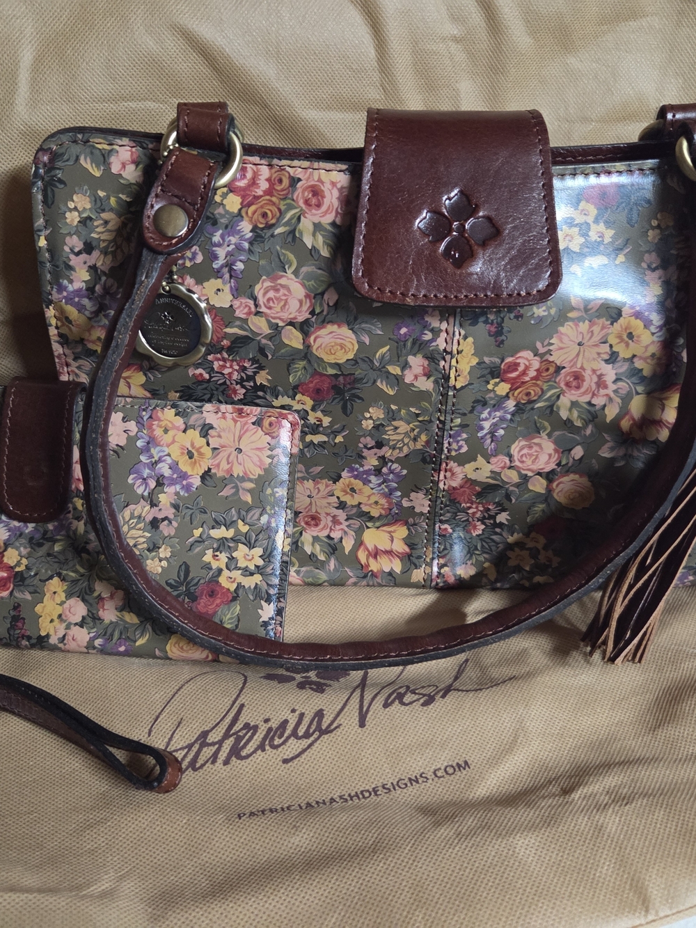 Patricia Nash Floral Leather Accent Satchel and Wallet in Olive and Brown